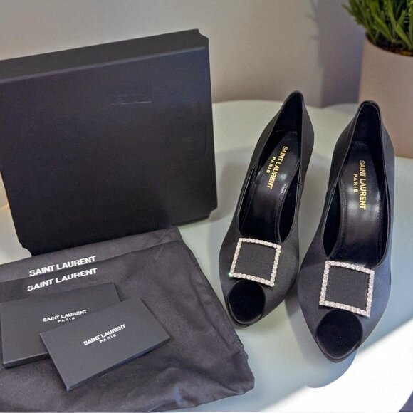 NIB Authentic Saint Laurent Black Frankly 115 Satin Peep Pump Sandals